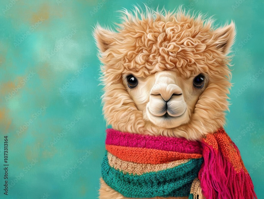 Closeup of alpaca with layered scarf in boho style, intricate patterns, natural textures, warm earthy colors Closeup of alpaca with layered scarf in boho style, intricate patterns, natural textures, warm earthy colors