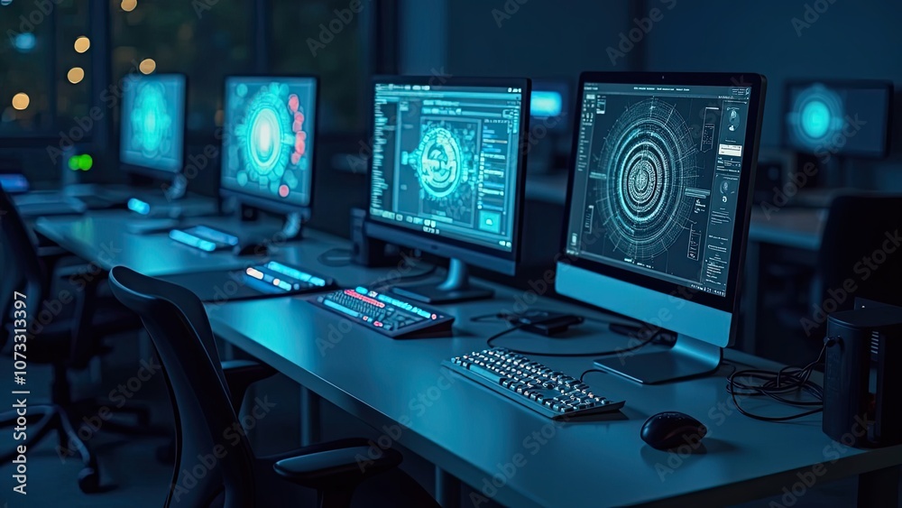Naklejka premium Modern Workspace Featuring Multiple High-Tech Monitors Displaying Digital Data in an Office During Evening Hours