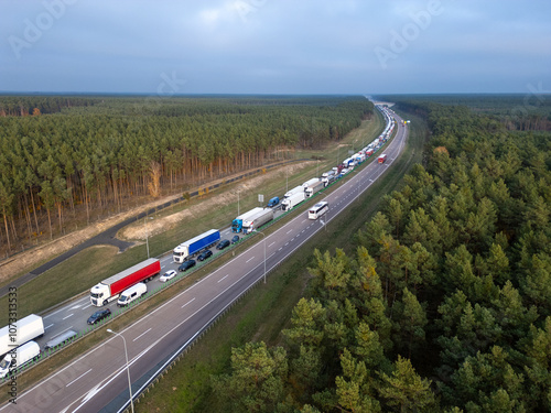 Schilderij op canvas Aerial drone photo of traffic jam on motorway A2 in Poland