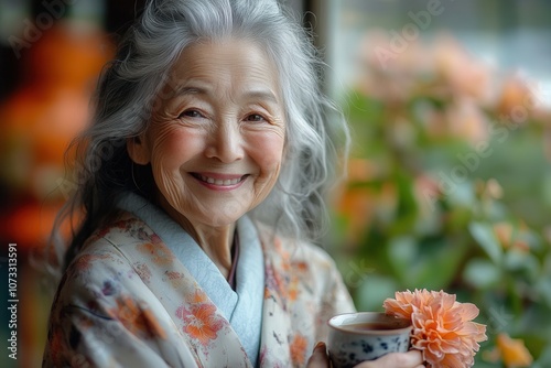 In a tranquil garden, a joyful Japanese grandmother dressed in a floral kimono laughs gently while holding a cup of tea. Surrounded by vibrant flowers, her cheerful demeanor brightens the serene sprin