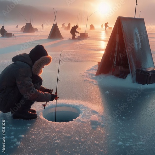 Anglers drilling holes through thick ice setting up small shelte photo