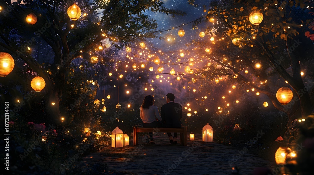 Obraz premium 4. A couple sitting on a bench under twinkling fairy lights in a quiet garden at night, surrounded by soft glowing lanterns and a starry sky above
