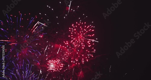 Fireworks in dark sky after celebration. The colors are red, white and blue