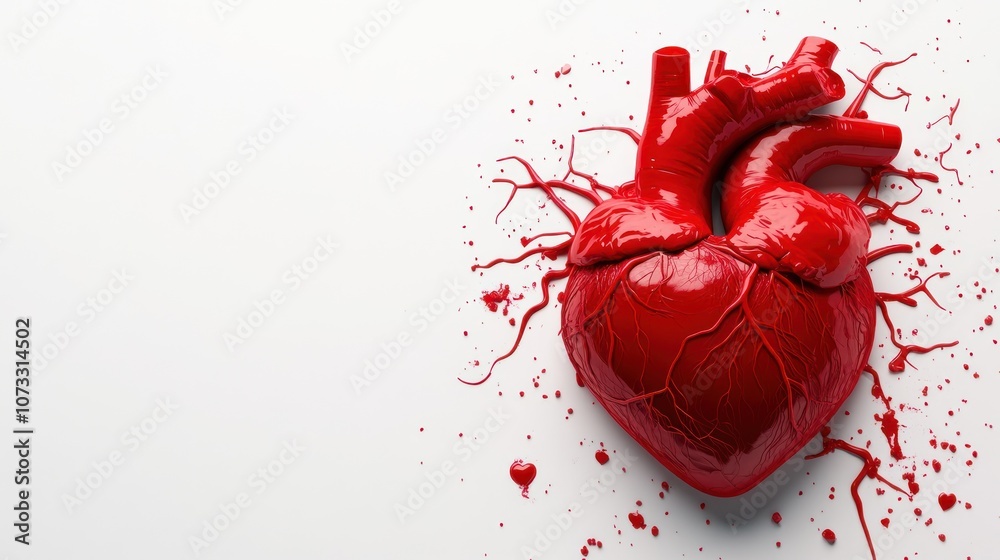 A vibrant, realistic image of an anatomical heart, featuring blood splatters, symbolizing love or life, set against a clean white background.