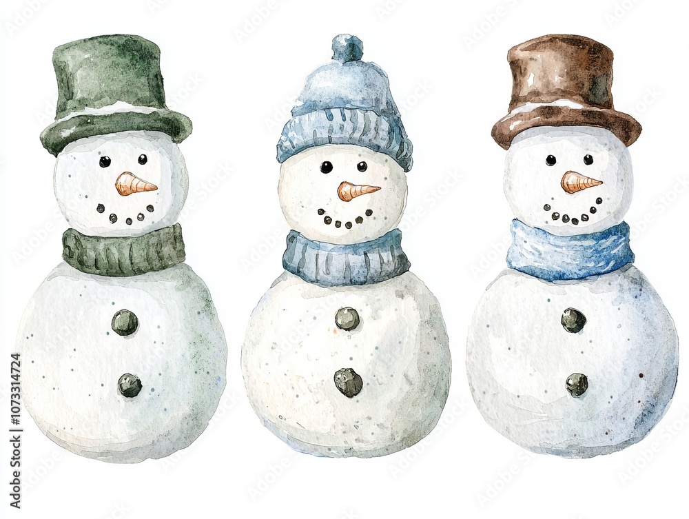 Three cheerful snowmen with hats and scarves, white isolate background. Three cheerful snowmen with hats and scarves, white isolate background.