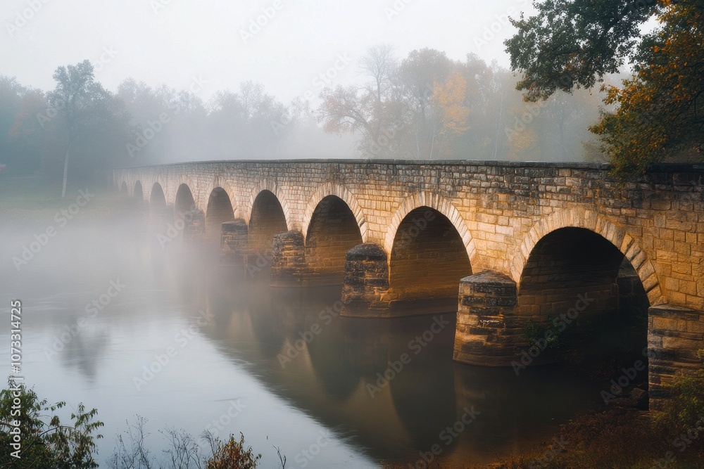 Fototapeta premium Bridges Over a Foggy River: A historic bridge arching over a slow-moving river