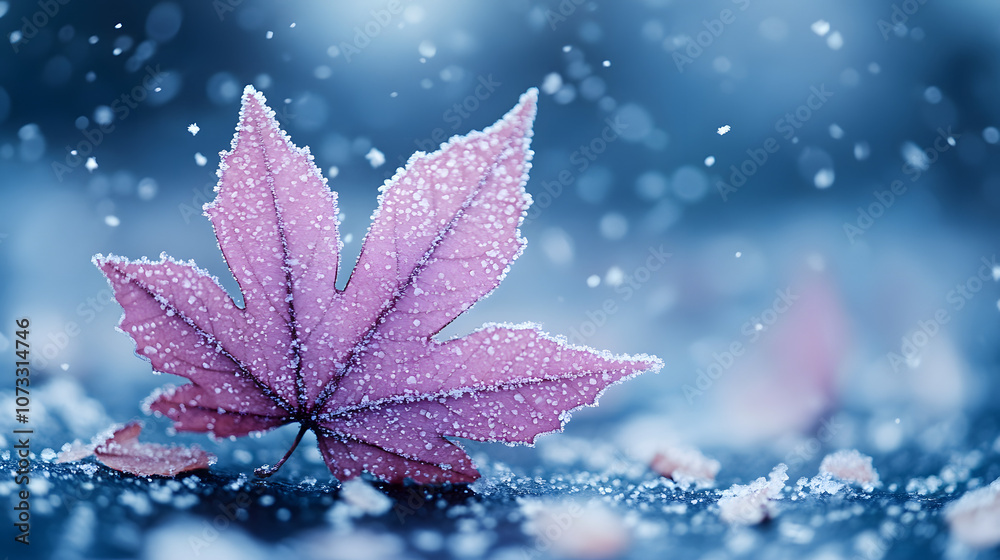 A close-up view of a frosty blue background adorned with delicate snowflakes and subtle purple hues, capturing the essence of winter’s chill and elegance, symbolizing seasonal beauty, cold, and tranqu