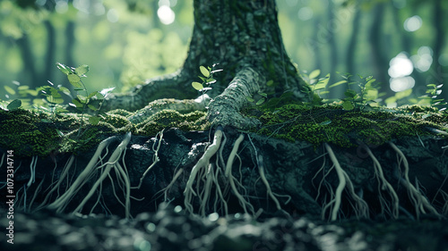 Exposed Roots from Land Degradation: A close-up shot showing tree roots exposed from soil erosion, illustrating the long-term effects of land degradation on ecosystems. photo