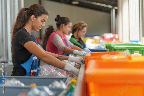 A group of diverse people actively sorting recyclable materials at a recycling center with colorful bins