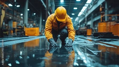 A worker in a yellow jumpsuit and hard hat kneels down to inspect a large sheet of metal on the factory floor.