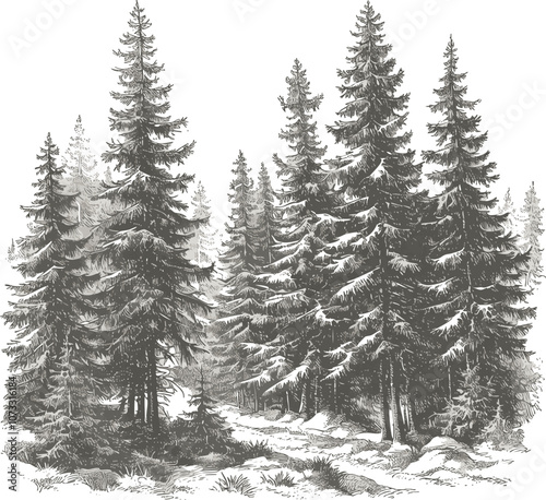 Black and white illustration of a dense forest of pine trees in winter setting