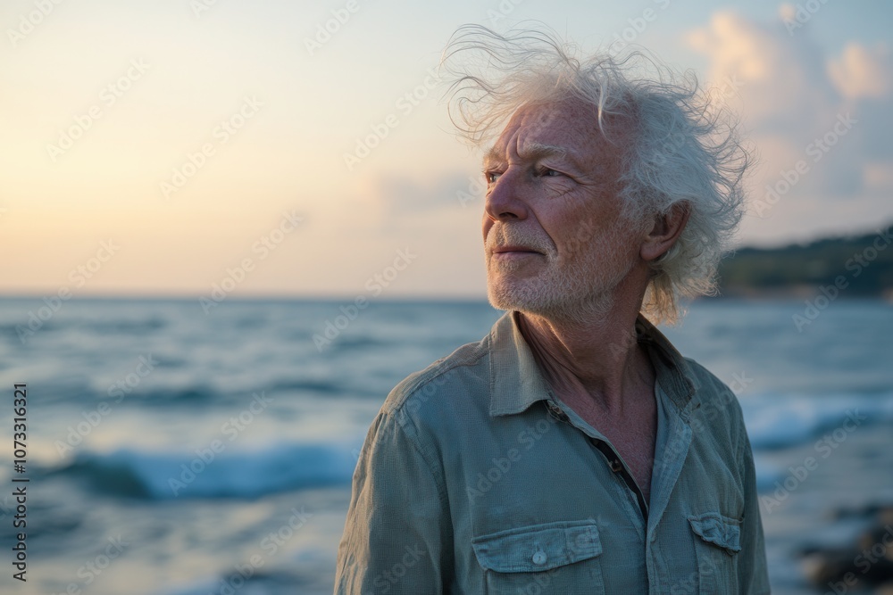 A European grandfather stands by the ocean in the morning light, his white hair blowing in the wind. With a peaceful expression, he gazes toward the horizon, embracing the serene beauty of dawn by the A European grandfather stands by the ocean in the morning light, his white hair blowing in the wind. With a peaceful expression, he gazes toward the horizon, embracing the serene beauty of dawn by the