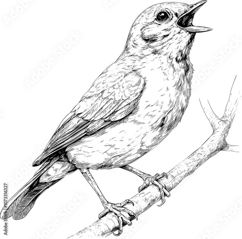 Bird sketch vintage song branch nightingale vector nature old animal illustration. Black lark white drawing singing robin songbird woodcut forest. Retro etching engraved thrush wings tattoo design.