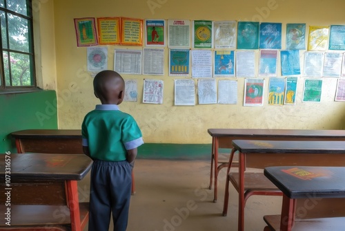 Asian child stands in an empty classroom, the problem of education in third world countries photo