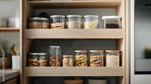 Pantry cabinet neatly organised – A well-arranged pantry cabinet with labeled jars, canned goods, and dry ingredients, all neatly stored for easy access