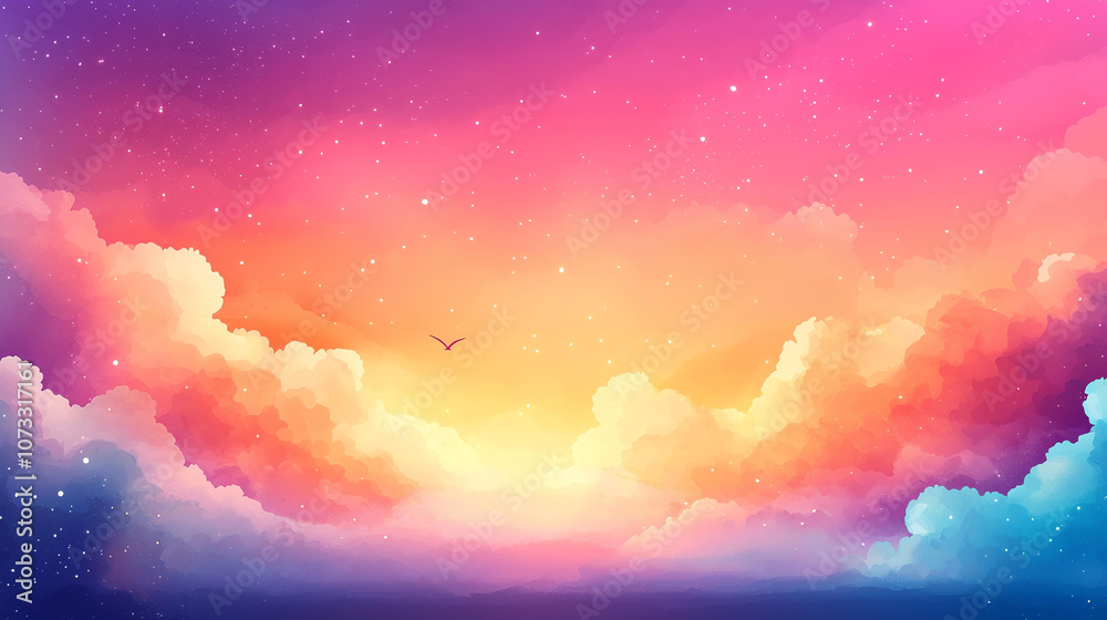Abstract background vibrant sunset inspired gradient with warm hues of orange, pink, and purple fills sky, creating serene atmosphere with soft clouds and distant bird Abstract background vibrant sunset inspired gradient with warm hues of orange, pink, and purple fills sky, creating serene atmosphere with soft clouds and distant bird