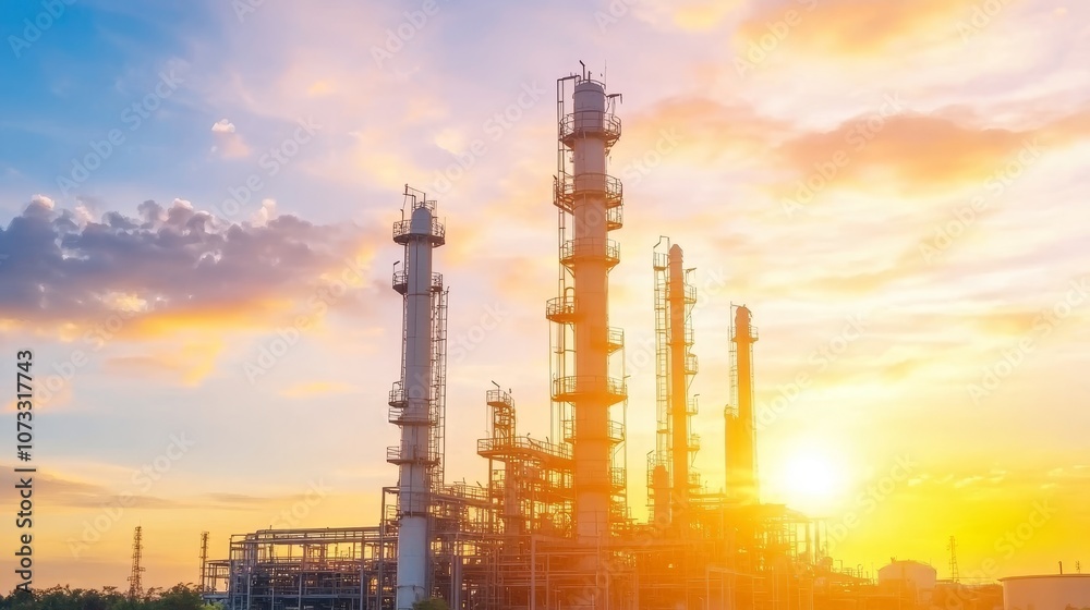 Oil refinery plant silhouetted against a vibrant sunset sky with infrastructure, pipes, and towers.
