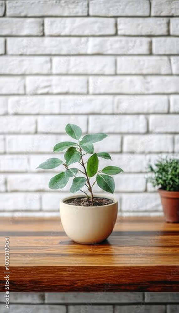 Small Ficus Plant in White Pot on Wooden Table Against a White Brick Wall, Minimalist Home Decor Small Ficus Plant in White Pot on Wooden Table Against a White Brick Wall, Minimalist Home Decor