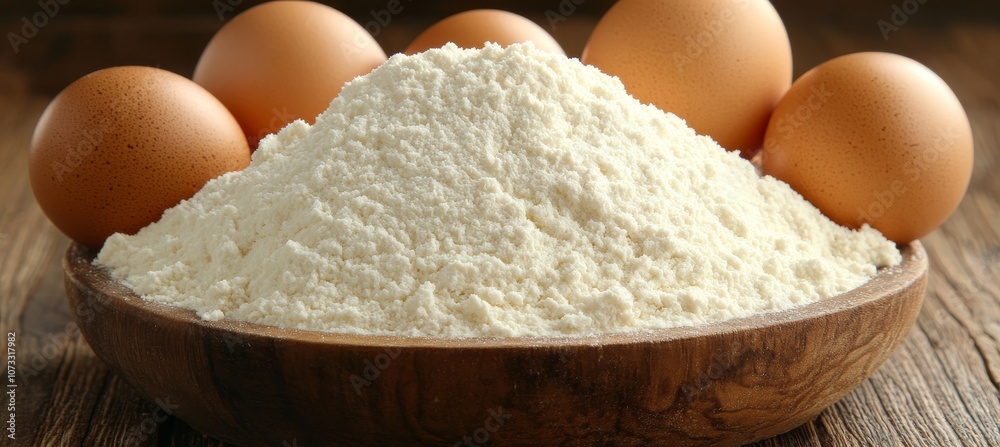 Pile of Flour in a Wooden Bowl Surrounded by Fresh Brown Eggs on a Rustic Wooden Table Pile of Flour in a Wooden Bowl Surrounded by Fresh Brown Eggs on a Rustic Wooden Table