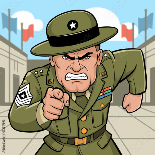 Angry drill sergeant pointing forward, military setting.