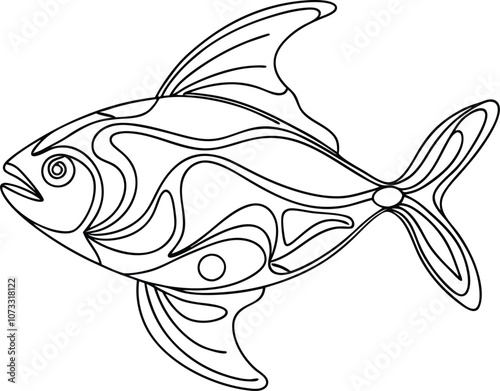 Single one line drawing fish concept. Continuous line draw design graphic vector transparent with PNG