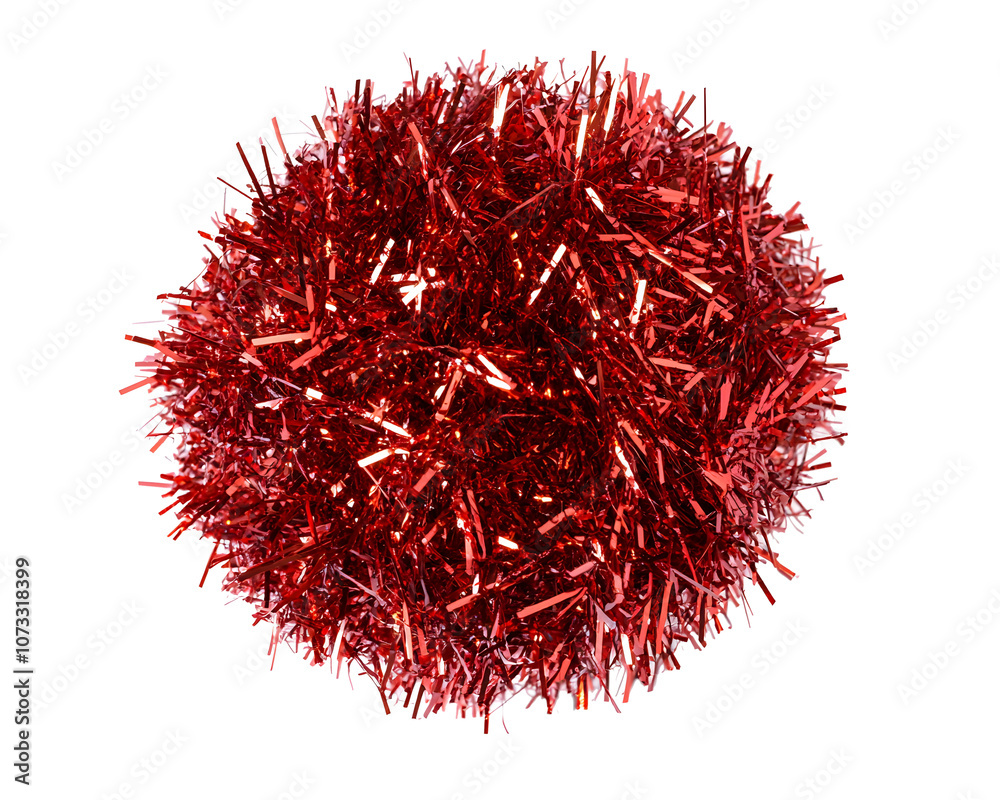 Naklejka premium A vibrant red tinsel ball, perfect for festive decorations and celebrations, showcasing a shiny and textured appearance against a clean white background.