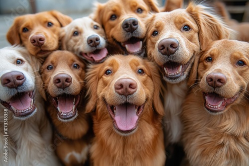 A cheerful gathering of dogs stands side by side, each with their mouths wide open in joyful expressions. Their large noses and furry coats glisten in the light as they create a delightful memory toge photo