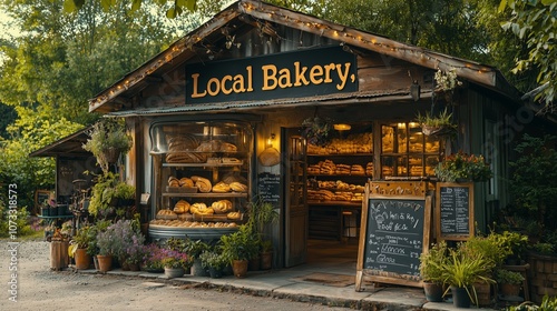 Charming Rustic Bakery Shop Surrounded by Nature, Showcasing Fresh Bread and Pastries in a Warm, Inviting Atmosphere Perfect for a Local Community