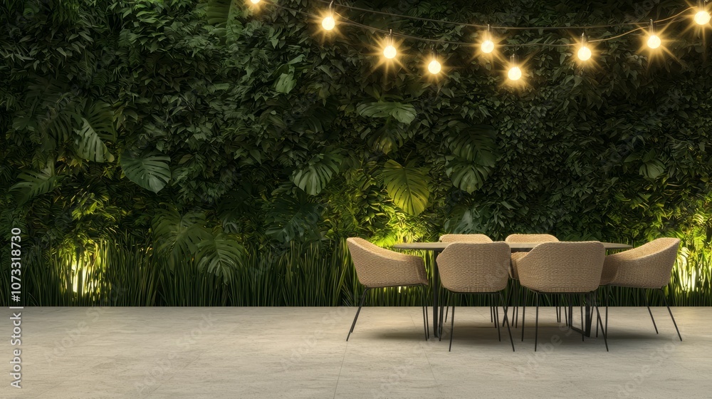 Elegant Spanish Al Fresco Dining Oasis with Rattan Furniture and Lush Greenery under String Lights