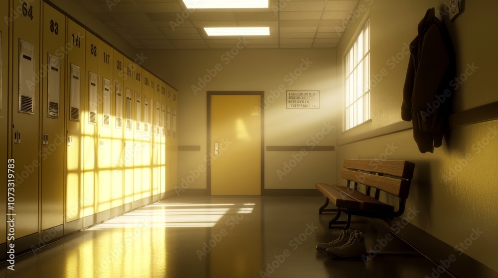 Fototapeta premium Timeworn school corridor, nostalgia-tinged yellow locker room door gleaming under flickering fluorescents, worn wooden bench whispering countless student stories, weathered coat stand adorned with