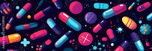 This image features a colorful and dynamic abstract pattern of various medical elements such as pills and symbols, set against a dark background.