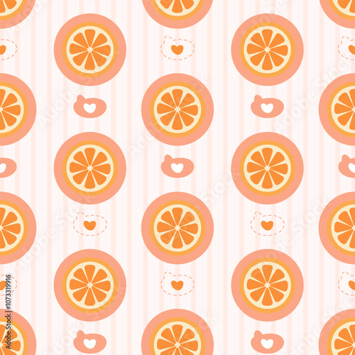 Cute orange slice and heart pattern.A cute pattern featuring vibrant orange slices and heart elements on a soft pink background.