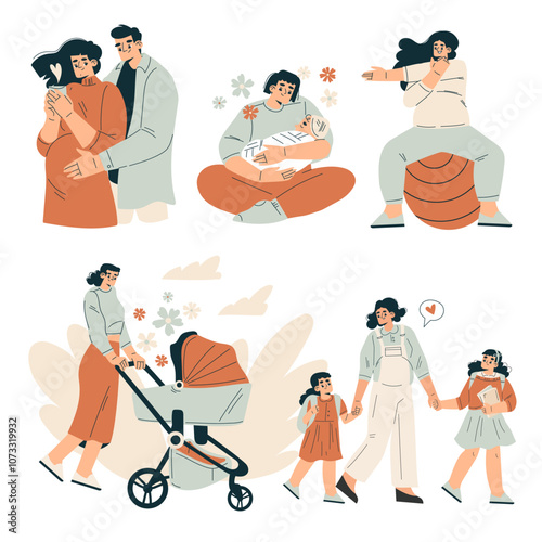 Pregnancy Planning with Young Man and Woman Engaged in Prenatal Care Vector Set