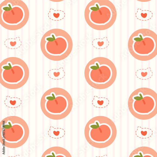 Cute peach pattern with hearts and Doodles on striped background. Cute pattern features adorable peach illustrations and small hearts on a striped background.