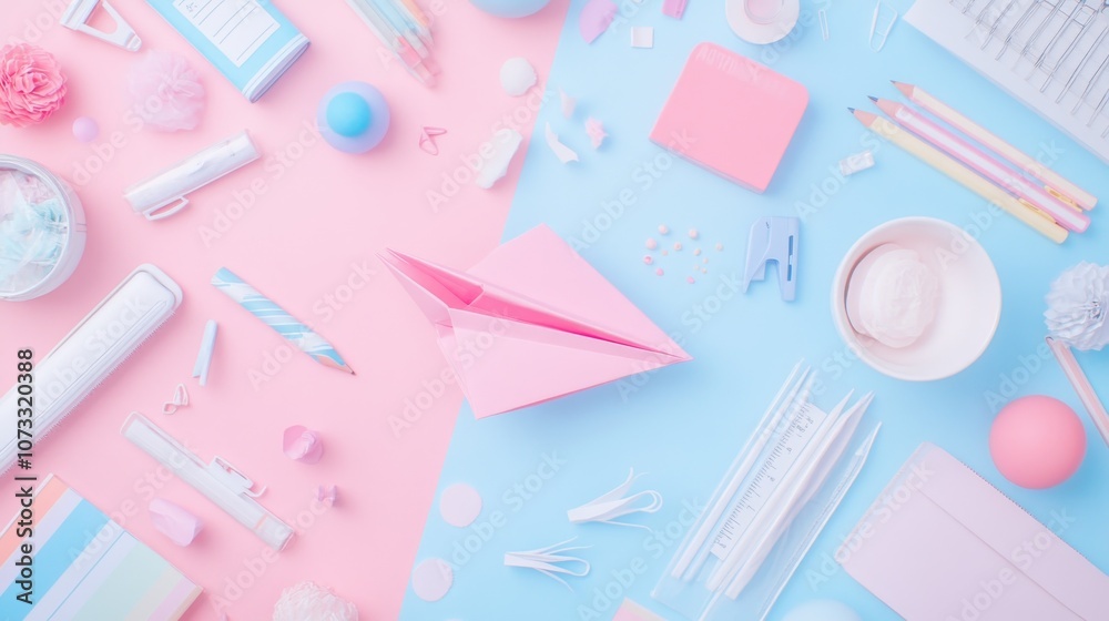 meticulously curated chaos of chromatic school supplies, origami paper plane poised for flight, pink and blue backdrop creating visual dichotomy, negative space inviting imagination, flat lay meticulously curated chaos of chromatic school supplies, origami paper plane poised for flight, pink and blue backdrop creating visual dichotomy, negative space inviting imagination, flat lay