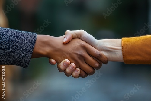 A strong handshake between people of different ethnicities, symbolizing solidarity in human rights efforts photo