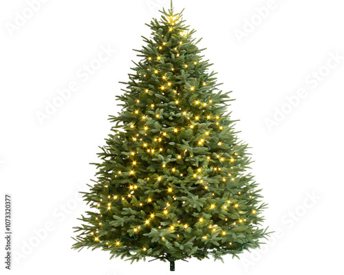 A beautifully lit artificial Christmas tree on a white isolated background, perfect for holiday decorations and festive spirit.