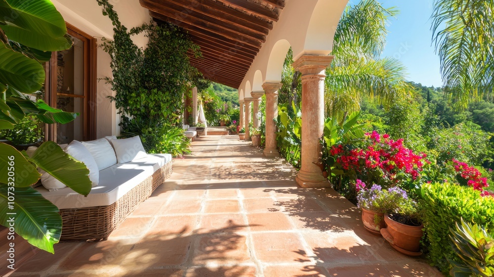 Naklejka premium Tranquil Spanish Terrace Oasis with Modern Lounge Area, Lush Greenery, and Colorful Flowers for Relaxation and Enjoyment