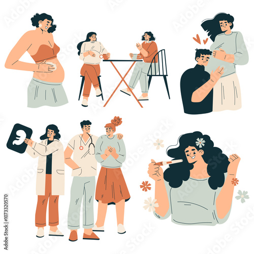 Pregnancy Planning with Young Man and Woman Engaged in Prenatal Care Vector Set