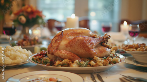 A beautifully roasted Thanksgiving Day turkey placed at the center of a dining table, surrounded by all the classic sides like mashed potatoes, stuffing, cranberry sauce photo