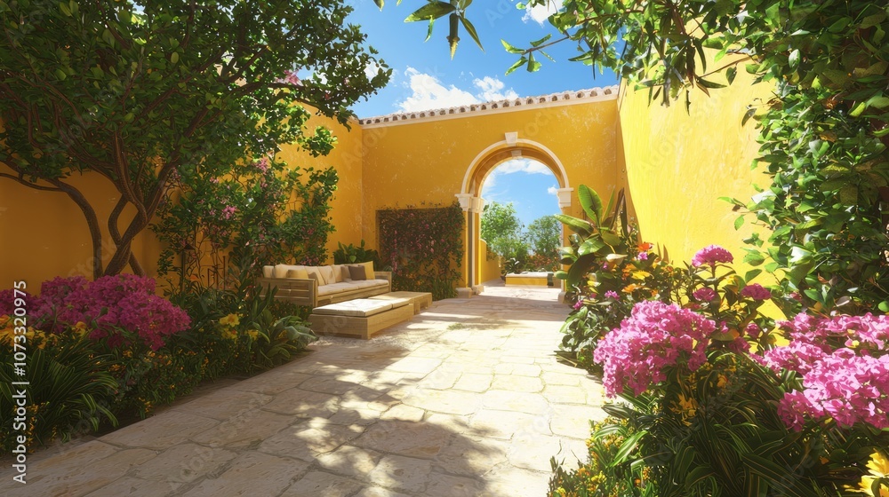 Fototapeta premium Vibrant Spanish Courtyard Oasis with Modern Outdoor Seating and Colorful Flowers for Entertaining and Relaxation