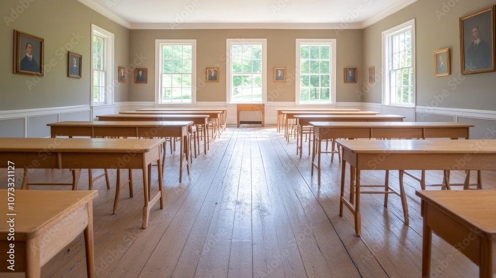 rows of antique wooden desks stand sentinel, awaiting scholars chalk dust motes dance in slanted light high windows frame verdant world beyond, juxtaposing structured learning and boundless rows of antique wooden desks stand sentinel, awaiting scholars chalk dust motes dance in slanted light high windows frame verdant world beyond, juxtaposing structured learning and boundless