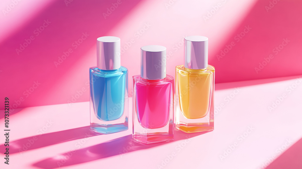 Three pink blue yellow colors in nail polish bottles glass isolated on simple background. 3D fashion shimmering cosmetic beauty gradient metallic wallpaper salon spa material Three pink blue yellow colors in nail polish bottles glass isolated on simple background. 3D fashion shimmering cosmetic beauty gradient metallic wallpaper salon spa material