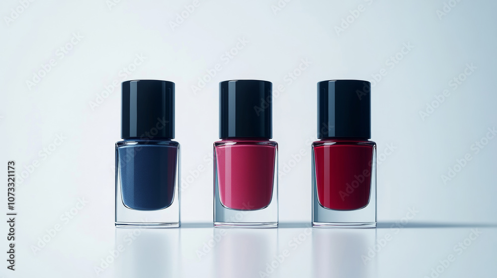 Three red blue colors in nail polish bottles glass isolated on simple background. 3D fashion shimmering cosmetic beauty gradient metallic wallpaper salon spa material Three red blue colors in nail polish bottles glass isolated on simple background. 3D fashion shimmering cosmetic beauty gradient metallic wallpaper salon spa material