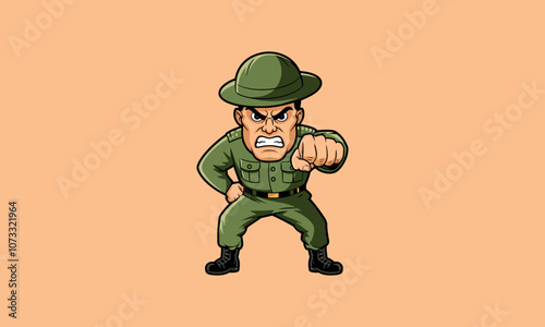 Angry drill sergeant pointing forward, military setting.