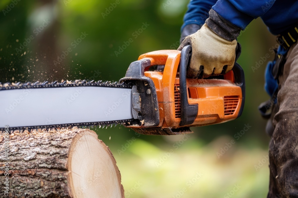 Naklejka premium Close-up of a worker using an orange chainsaw to cut through a tree log, with sawdust flying, in an outdoor environment.