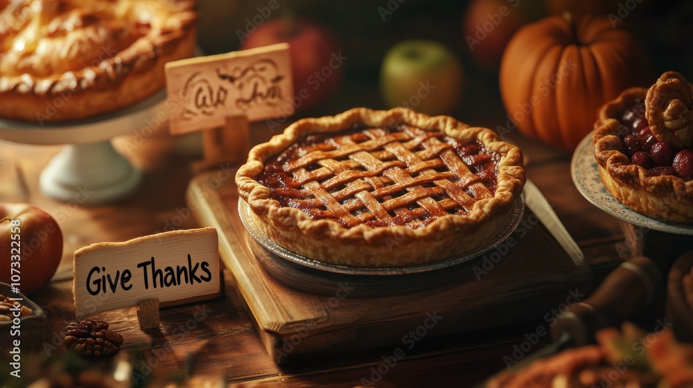 An empty scene featuring blank mockup template set on a Thanksgiving pie station, with freshly baked pumpkin, apple, and pecan pies topped with An empty scene featuring blank mockup template set on a Thanksgiving pie station, with freshly baked pumpkin, apple, and pecan pies topped with