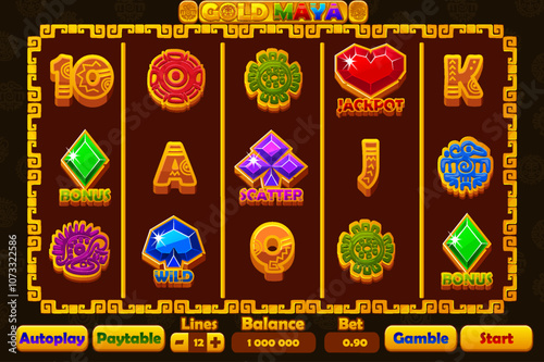 Complete menu and Set of 12 slot symbols Aztec or Mayan theme. Style Icons for 2D Games and Casino or Slots. Graphic elements for the development of slot machines