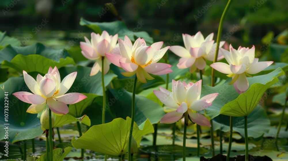 A graceful lotus flower floats on serene water, with soft petals fading from pink to white. Its gentle beauty is framed by broad green leaves, creating a peaceful, timeless scene.