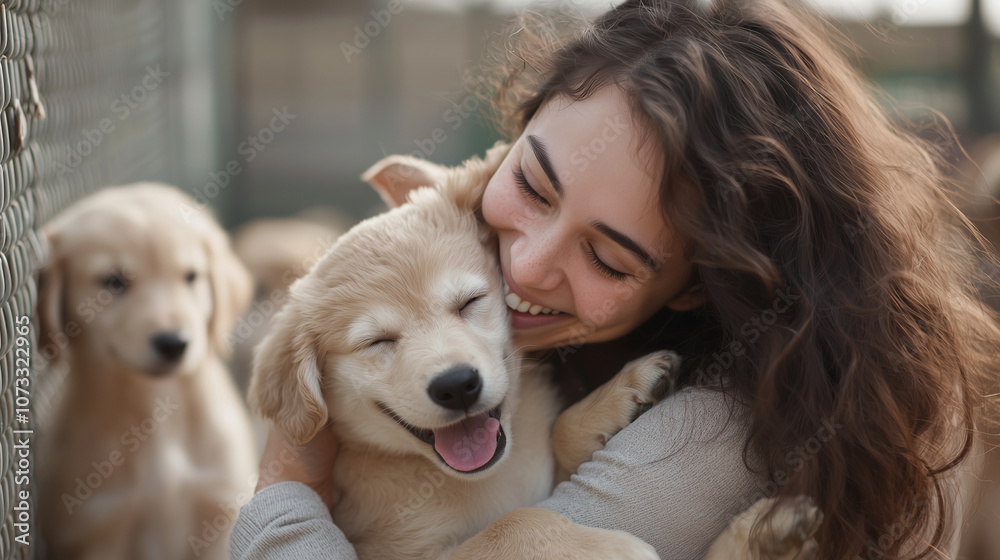 Volunteer Playing with Happy Puppies at Dog Shelter Volunteer Playing with Happy Puppies at Dog Shelter